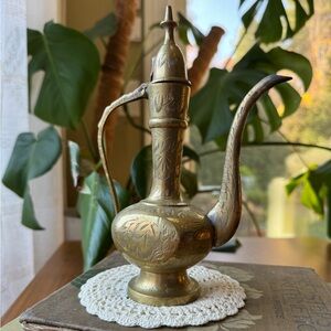 Vintage Brass Ewer with Ornate Engraved Design